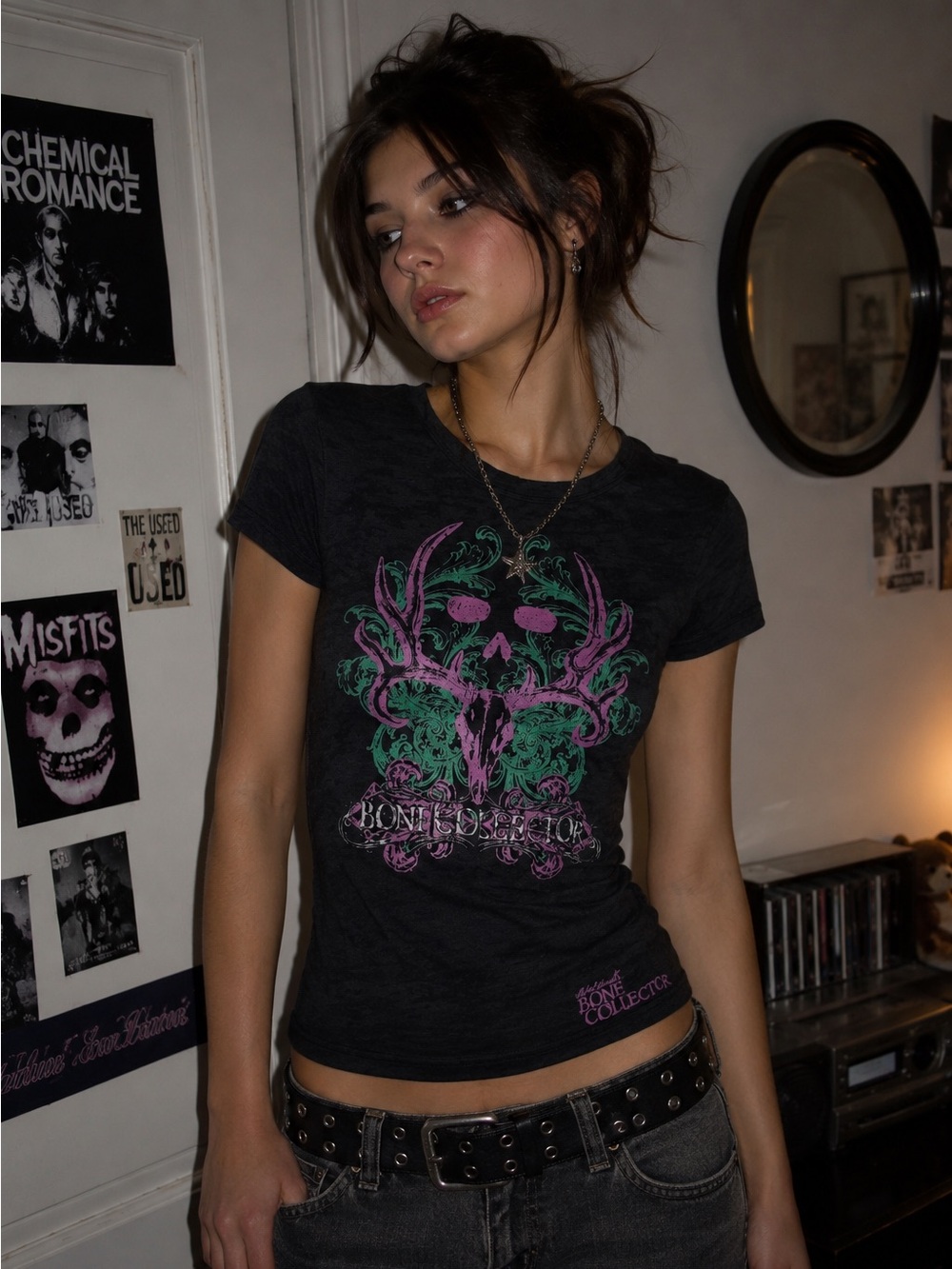 Y2K Black Bone Collector Glitter Logo Burnout Baby Tee Sz M Mcbling Grunge 2000s